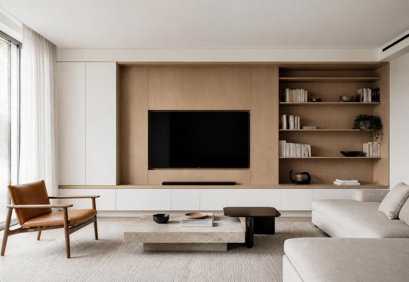 Living cu mobilier TV și bibliotecă la comandă
